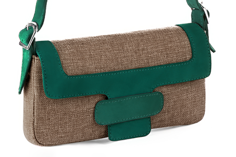 Luxueux petit sac main marron caramel et vert meraude